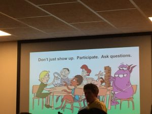 slide: "Don't just show up. Participate. Ask questions."
