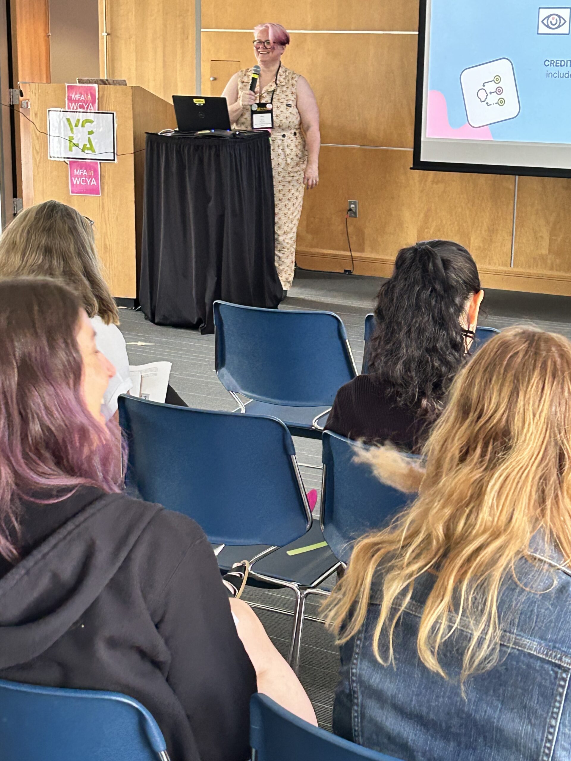 Sara speaking at VCFA summer residency